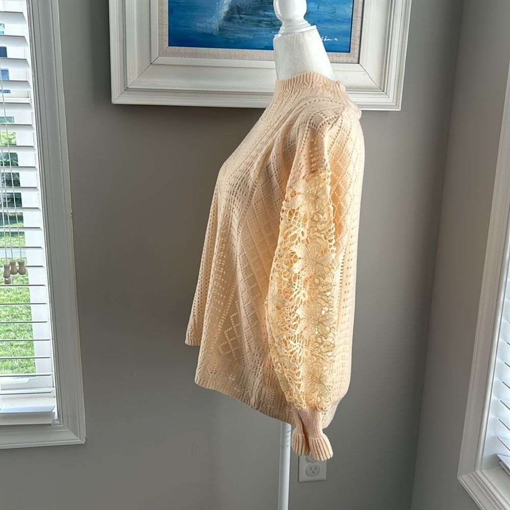 Boho Cream Yellow Fall Crocheted Lace Turtleneck Sweater medium - Picture 7 of 13